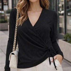 Dkny Black Long-Sleeve Wrap Top with Side Tie